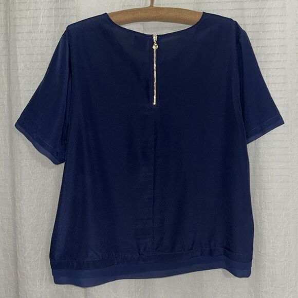 Anne Klein XL Midnight Blue Pop Over Boxy Fit Chiffon Pleated Details Blouse - Picture 2 of 11